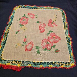Handkerchief Cotton Printed Peonies Daisy Hand Crocheted Edging 1970s